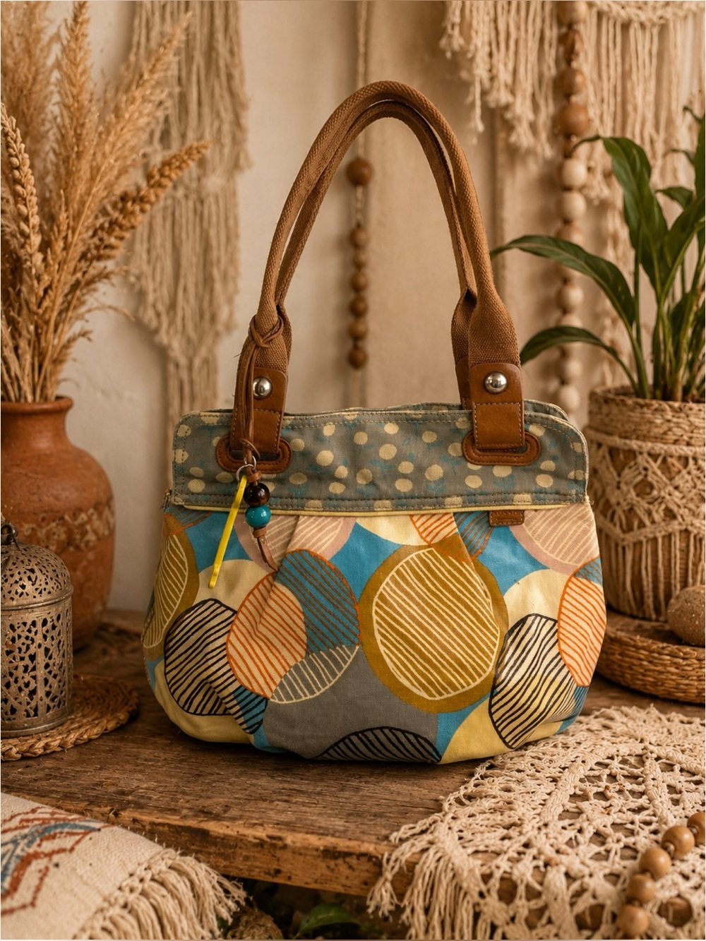 Fossil Key-Per Coated Canvas Bag Geometric Boho Festival